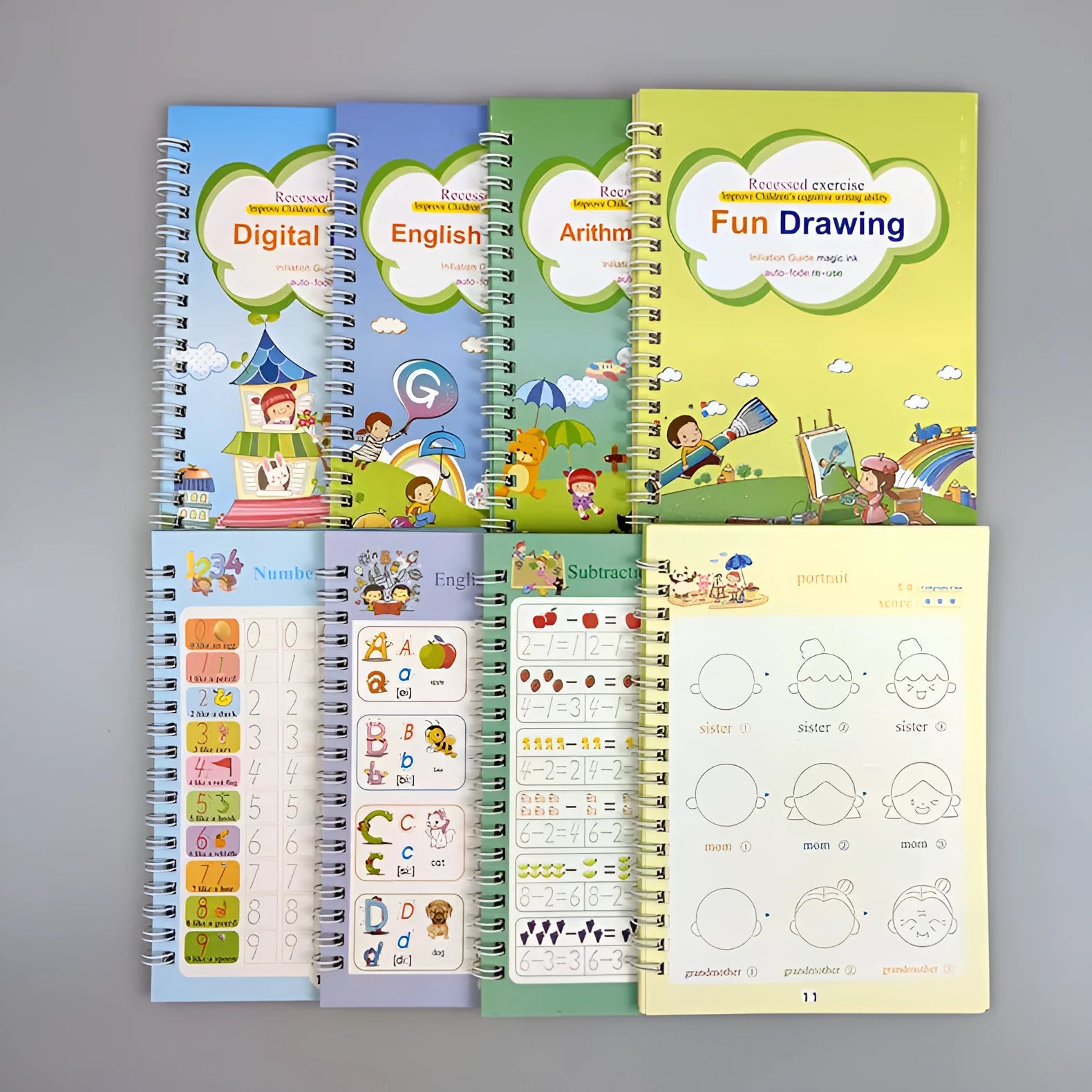 Four magic stylus clean writing practice books with slot design in white, grey and black colours