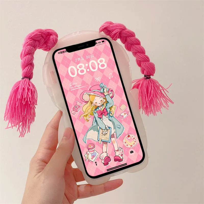 Pink and green summer cartoon iPhone case showing swimsuit girl with braids design on silicone back cover