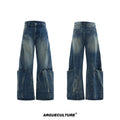 Men's verdant blue retro jeans with washed burst pattern and curved knife cut in loose fit