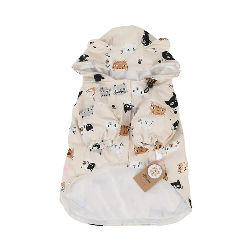 Cartoon dog raincoat with waterproof PU coating in beige cat head design