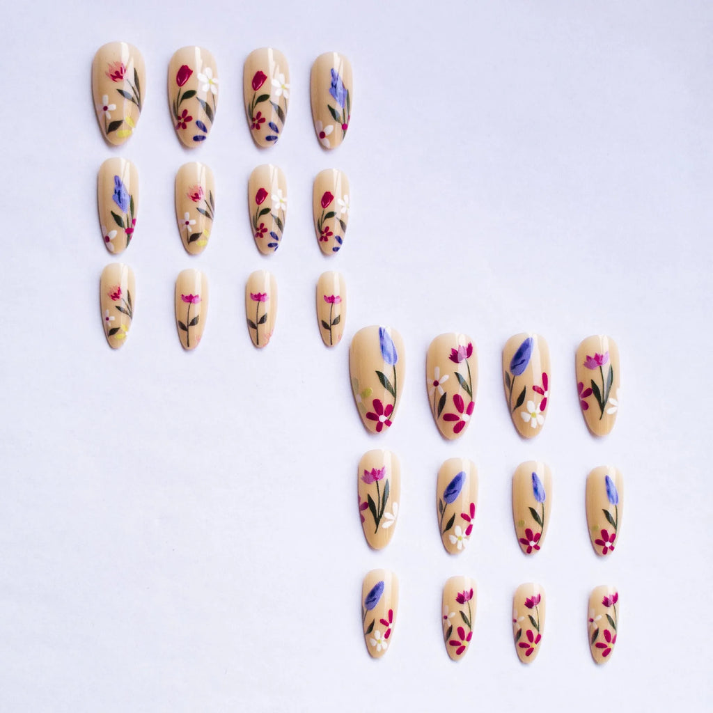 Almond-shaped press-on nails with European floral wear armour rose tulip patterns