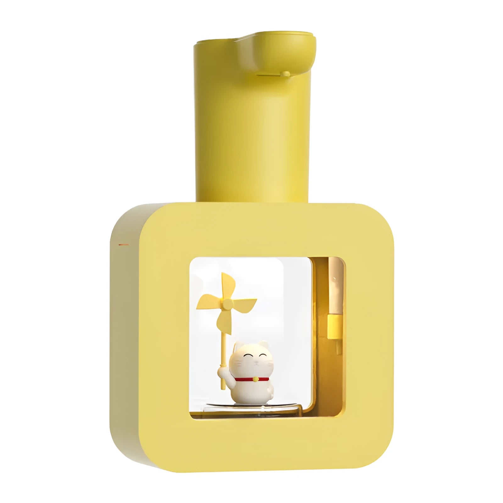 Yellow touchless soap dispenser with cartoon unicorn design for children's bathroom
