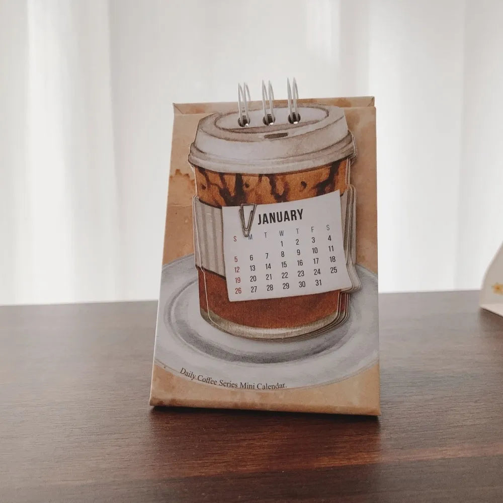 Coffee-themed 2025 mini desk calendar showing four simple modern design options