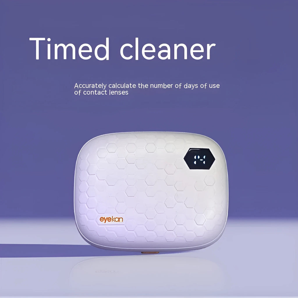 Automatic ultrasonic glasses cleaning machine in blue, a handheld plastic device for contact lenses.