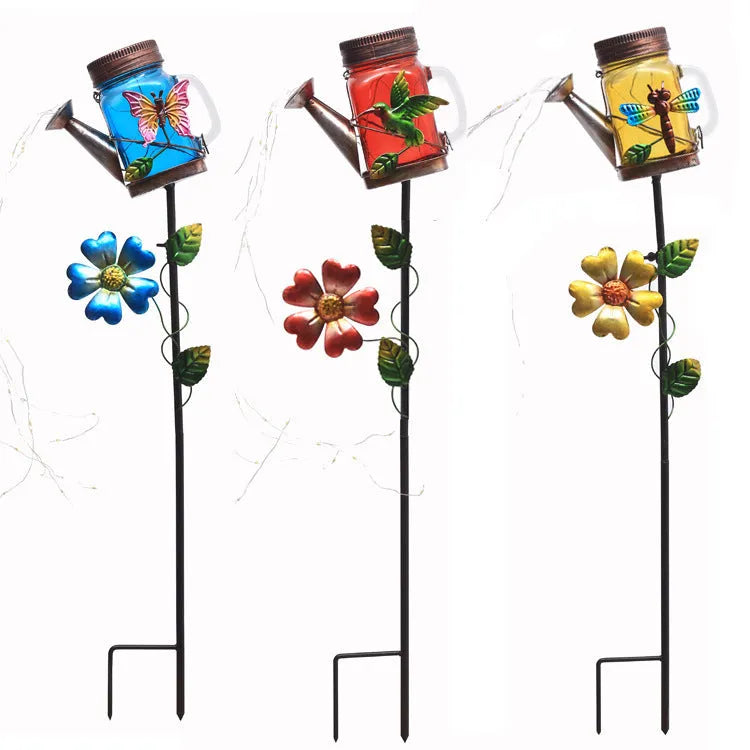 Solar iron kettle lamp with Butterfly motif, outdoor waterproof, 79.5cm height