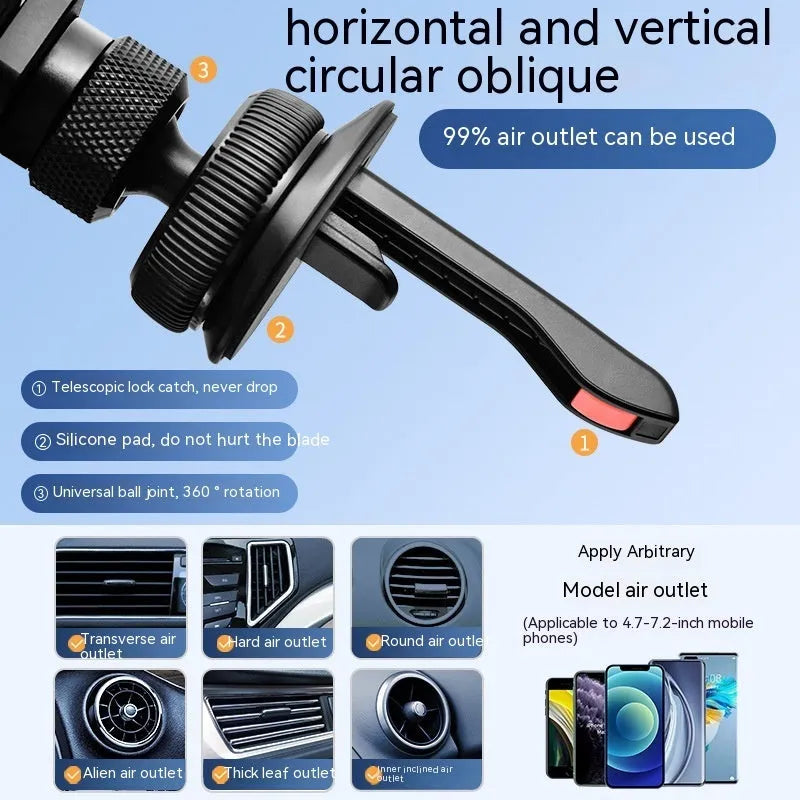 Aluminium alloy magnetic car phone holder in black, showing clip-on air vent mount and adhesive dashboard version.