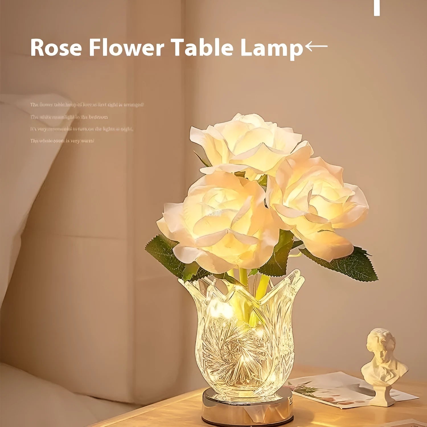 Crystal flowers rechargeable touch control table lamp with infinite dimming on bedside table