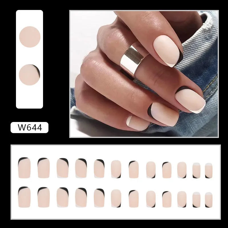 W644 black and white frosted false nail glue set with plastic pieces for a French manicure.