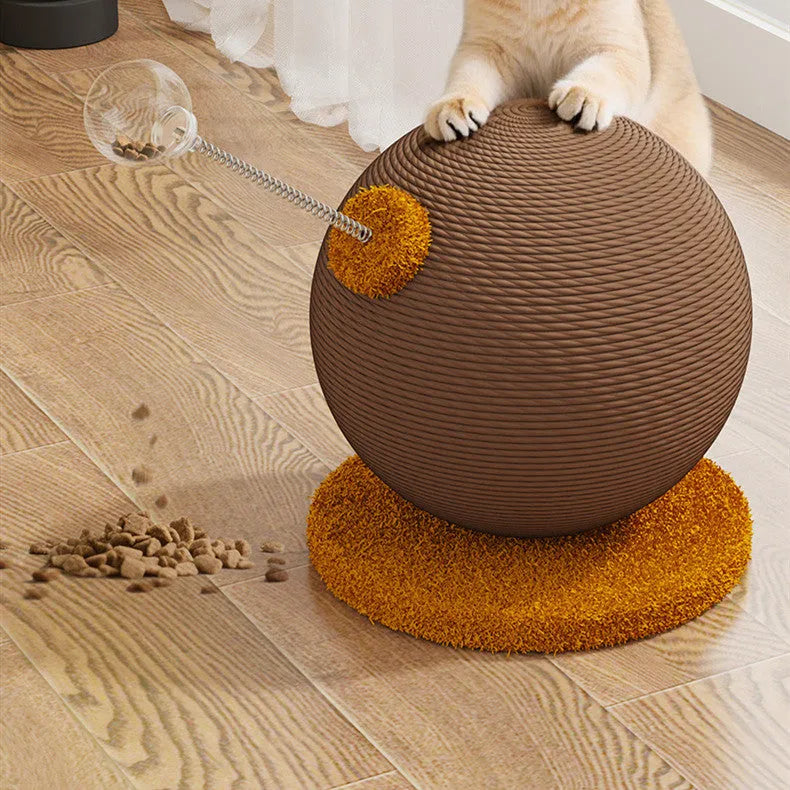 Anti-scratch cat toy tumbler with hemp rope construction and food-dispensing function
