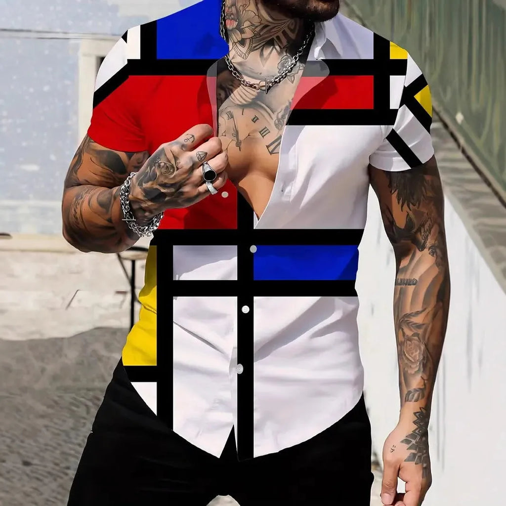 Men's slim fit short sleeve shirt featuring a geometric line style print on a polyester fabric.