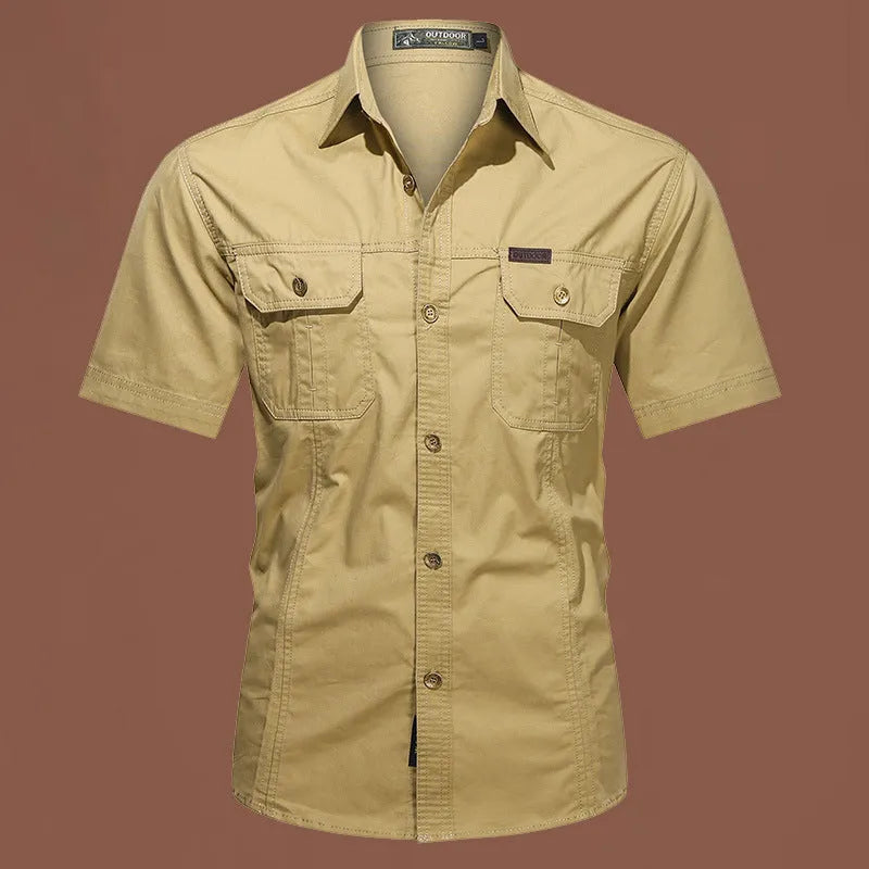 Men's short sleeve cotton work shirt in loose fit cardigan style with non-ironing treatment