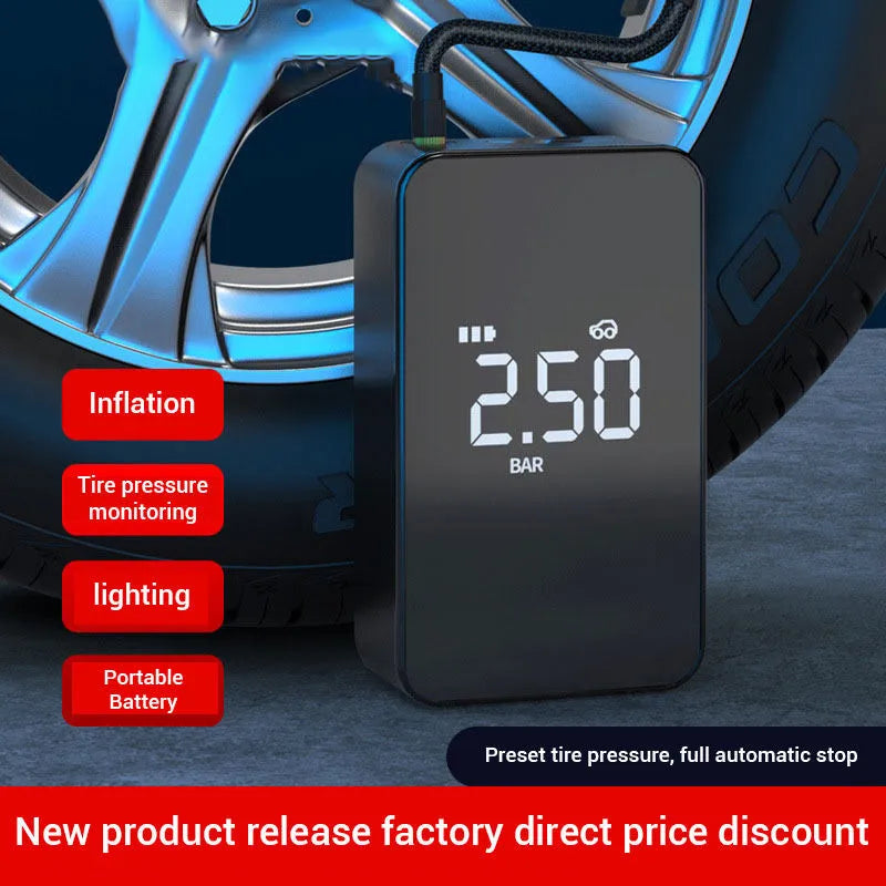 Wireless digital display air pump with large screen, four nozzles, and carrying case
