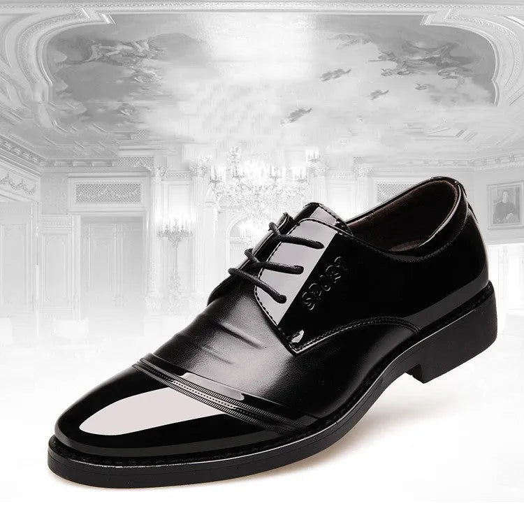 Men's casual Korean pointed PU leather shoes with stitching detail and rubber sole