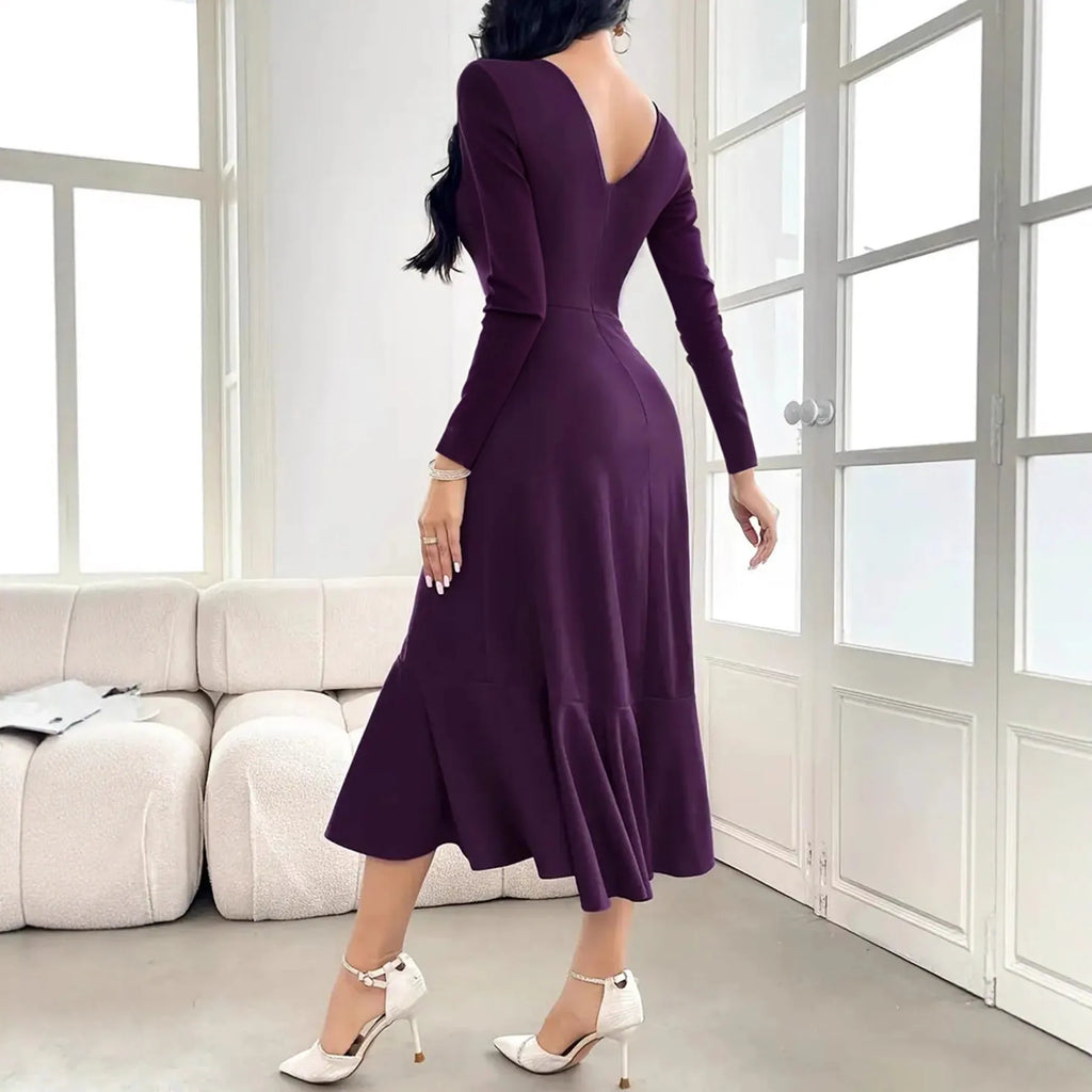 Purple women's long sleeve dress with round neck and ruffle details