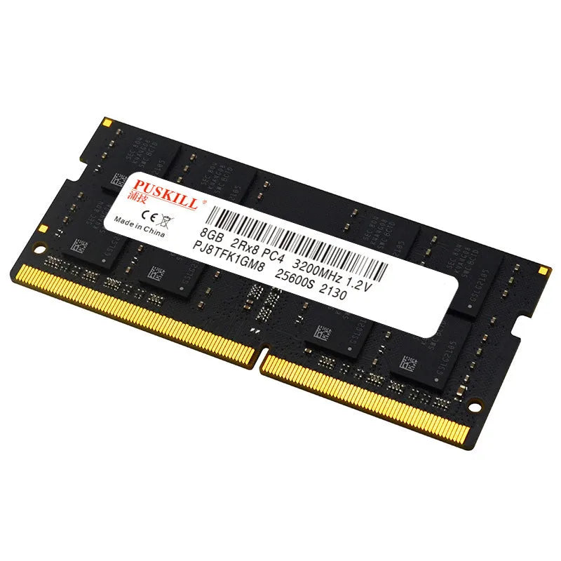 Notebook DDR4 memory module with 260 gold pins and memory chips on green circuit board