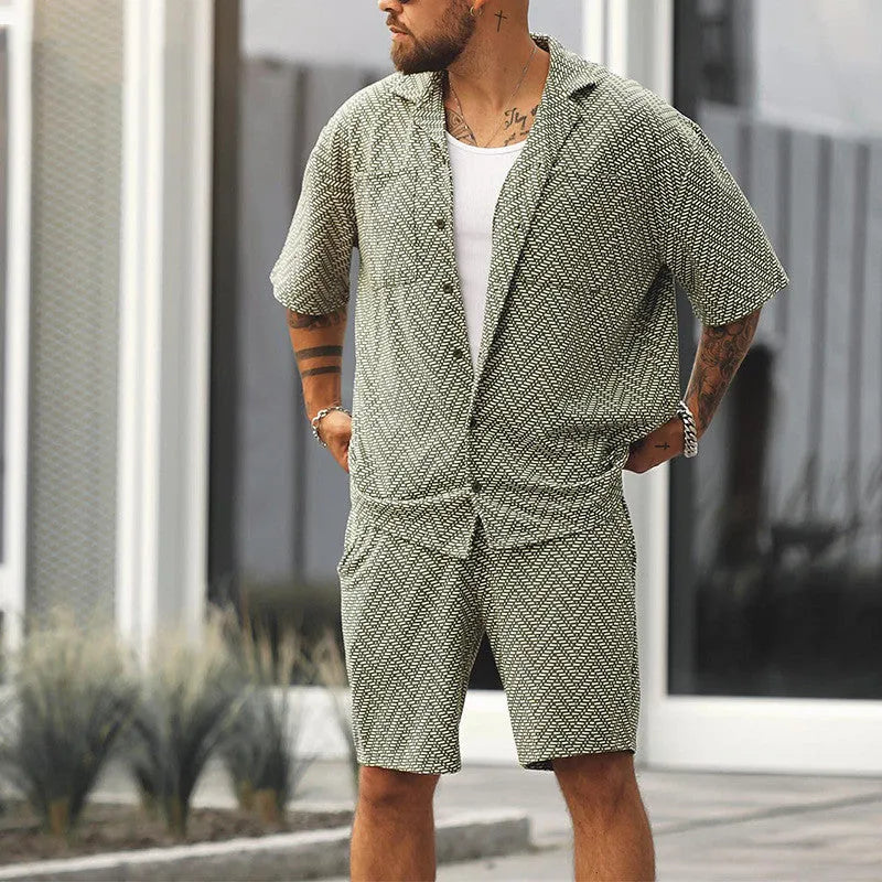 Fashion Individual casual shirt and shorts set in grayish green polyester for men