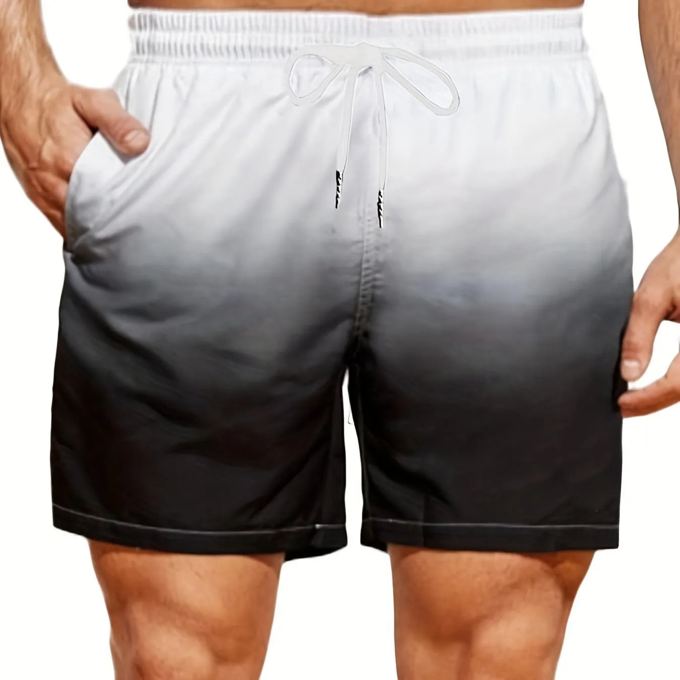 Men's gradient colour 3D digital print mesh sports shorts on a white background.