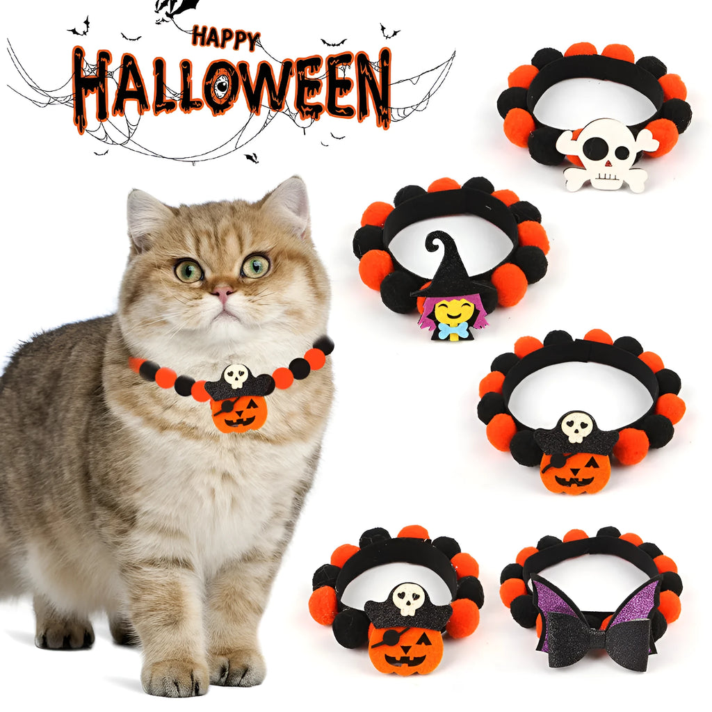 Halloween pet collar with fur ball decoration in pumpkin design available in S, M, L sizes