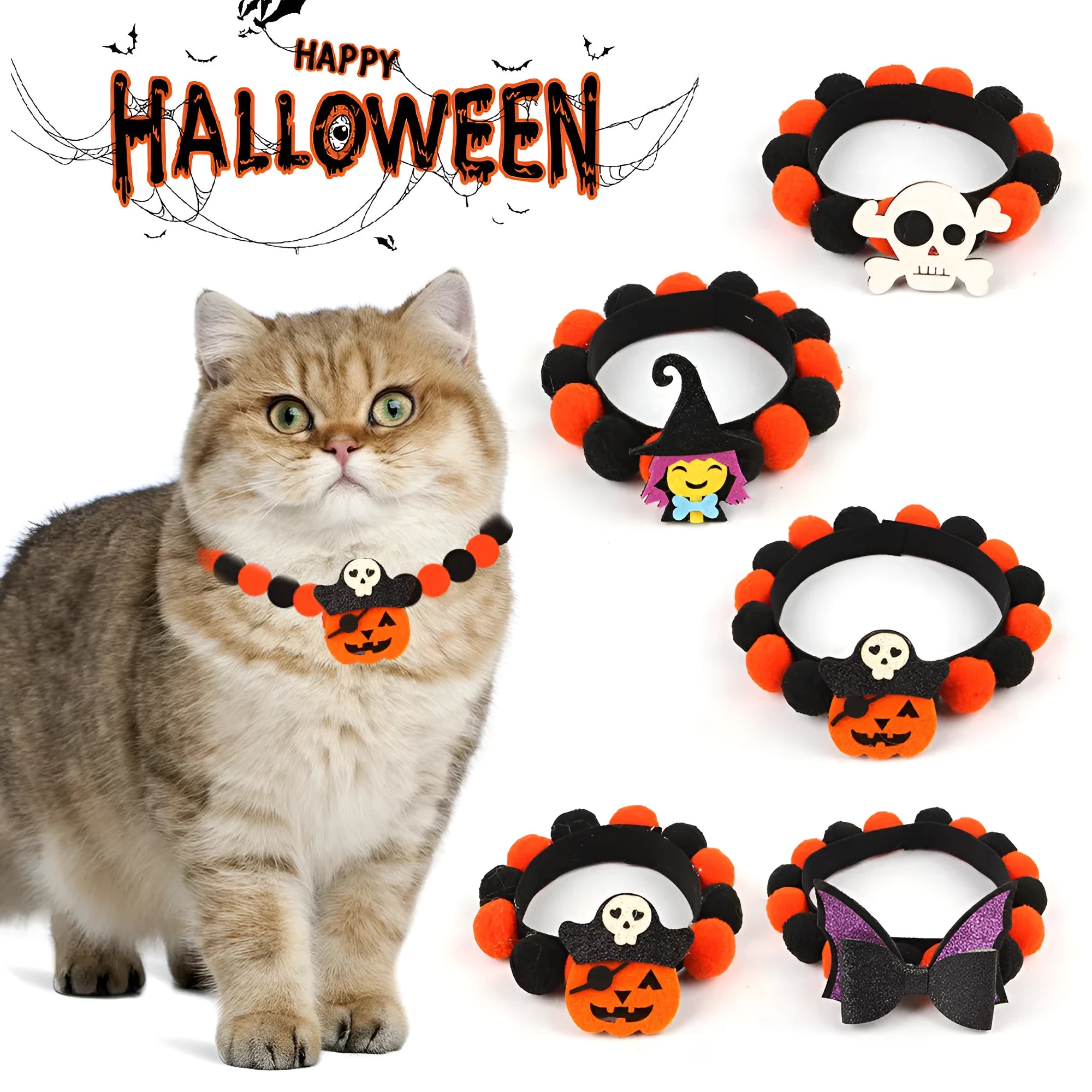 Halloween pet collar with fur ball decoration in pumpkin design available in S, M, L sizes