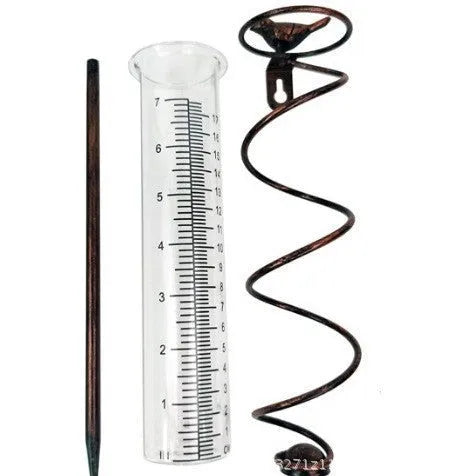 Cast iron and glass rain gauge with hummingbird design for garden rainfall measurement