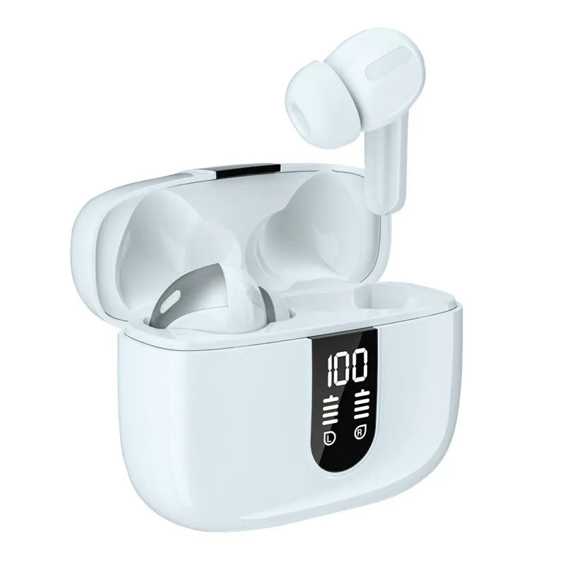 Jerry X08 black wireless Bluetooth headphones with charging case showing digital display subwoofer fourth generation technology
