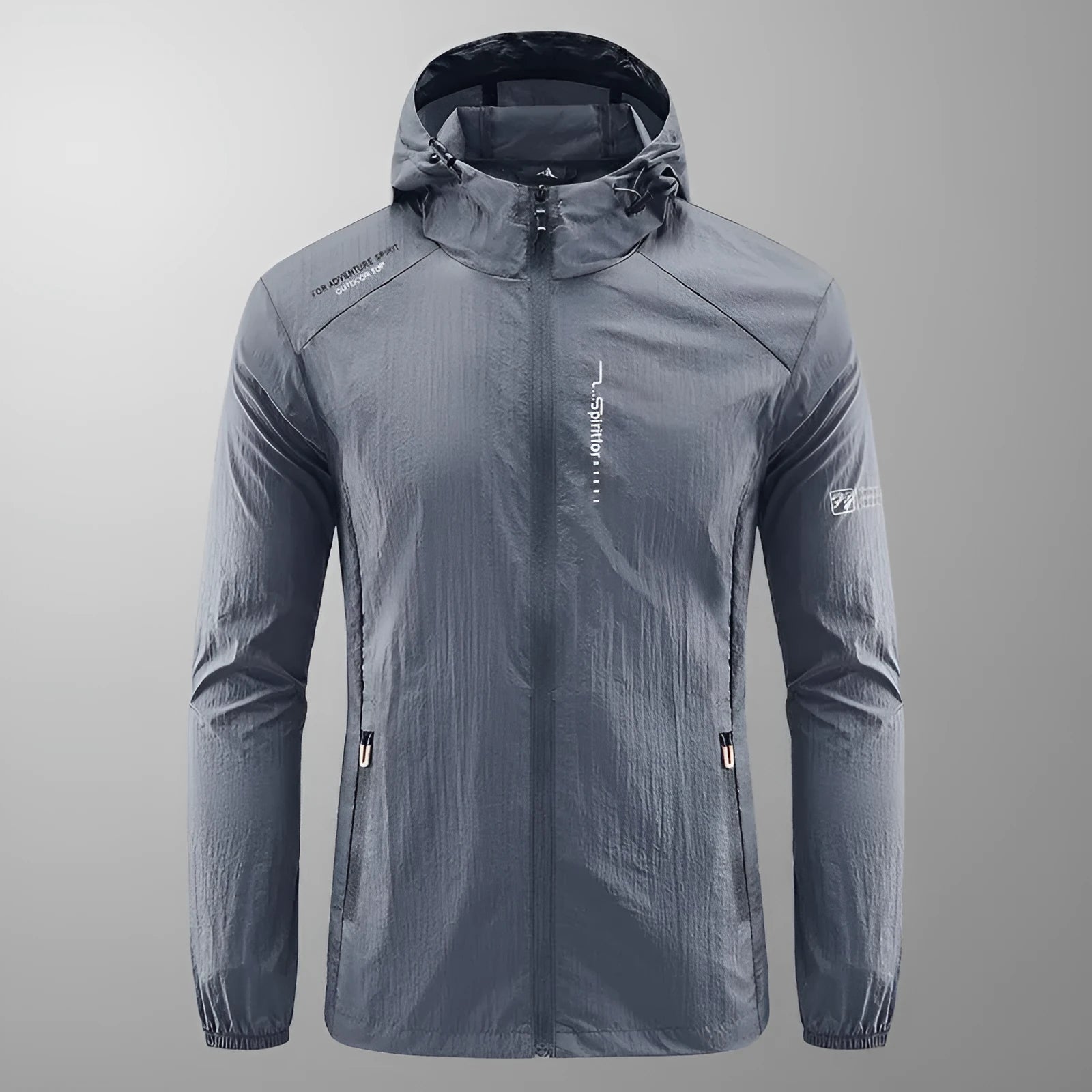 Men's lightweight nylon hooded summer jacket in loose fitting style for outdoor sun protection