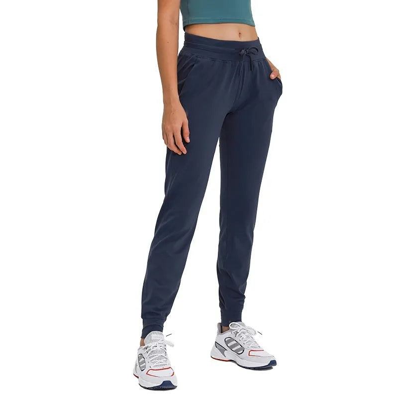 Women's high waist yoga pants with drawstring in Belgian Blue colour