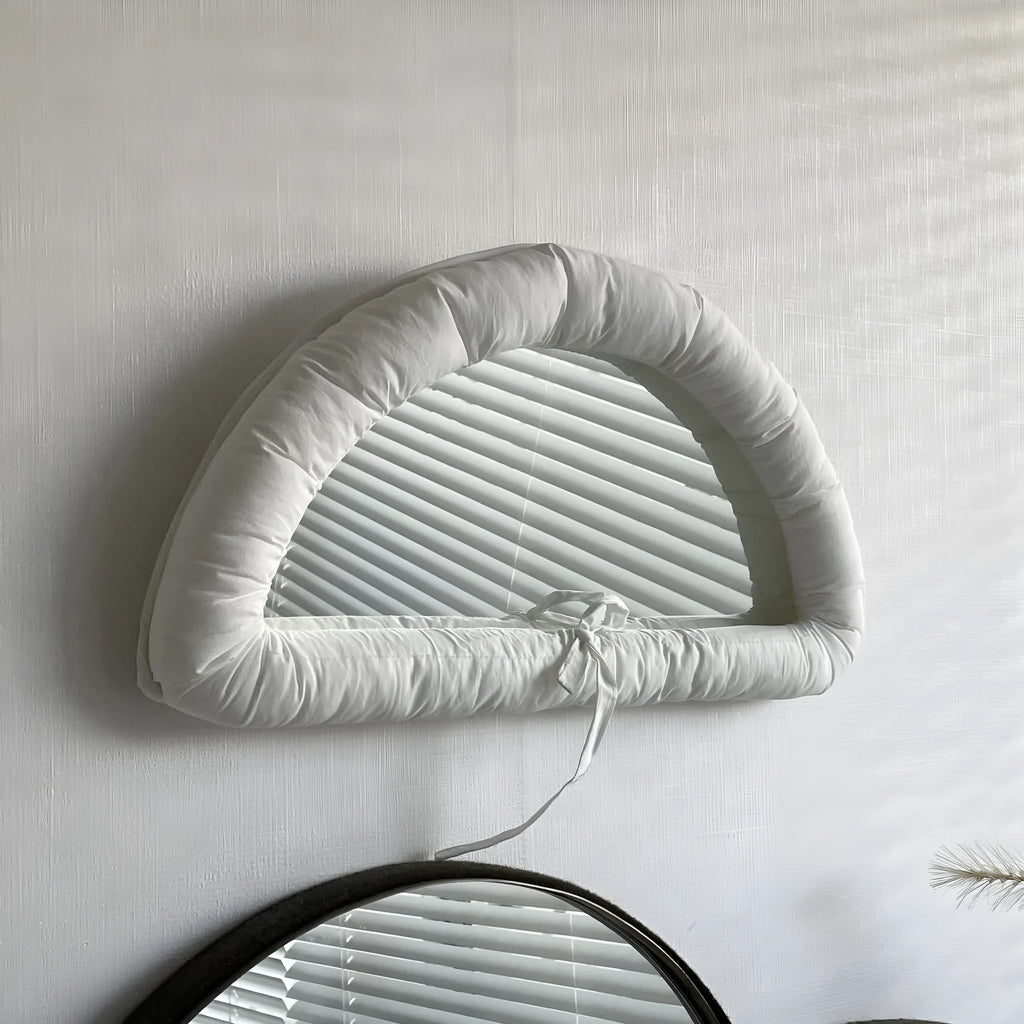 Rectangular hanging fabric mirror with cotton filling in white, black, or blue