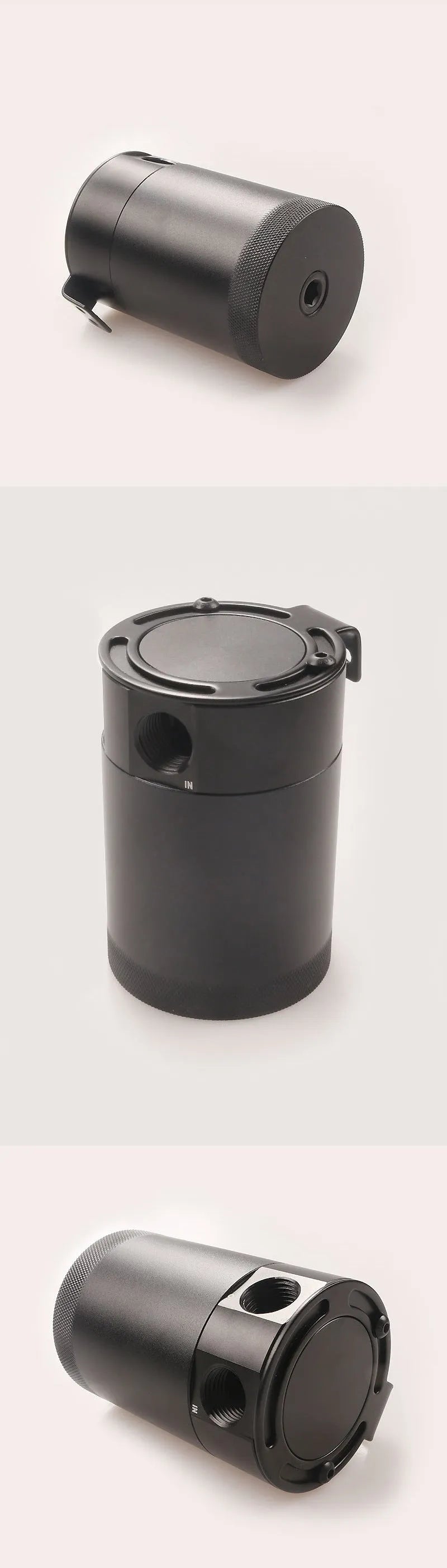 Black aluminium automotive oil pot with two-hole breather design and connectors