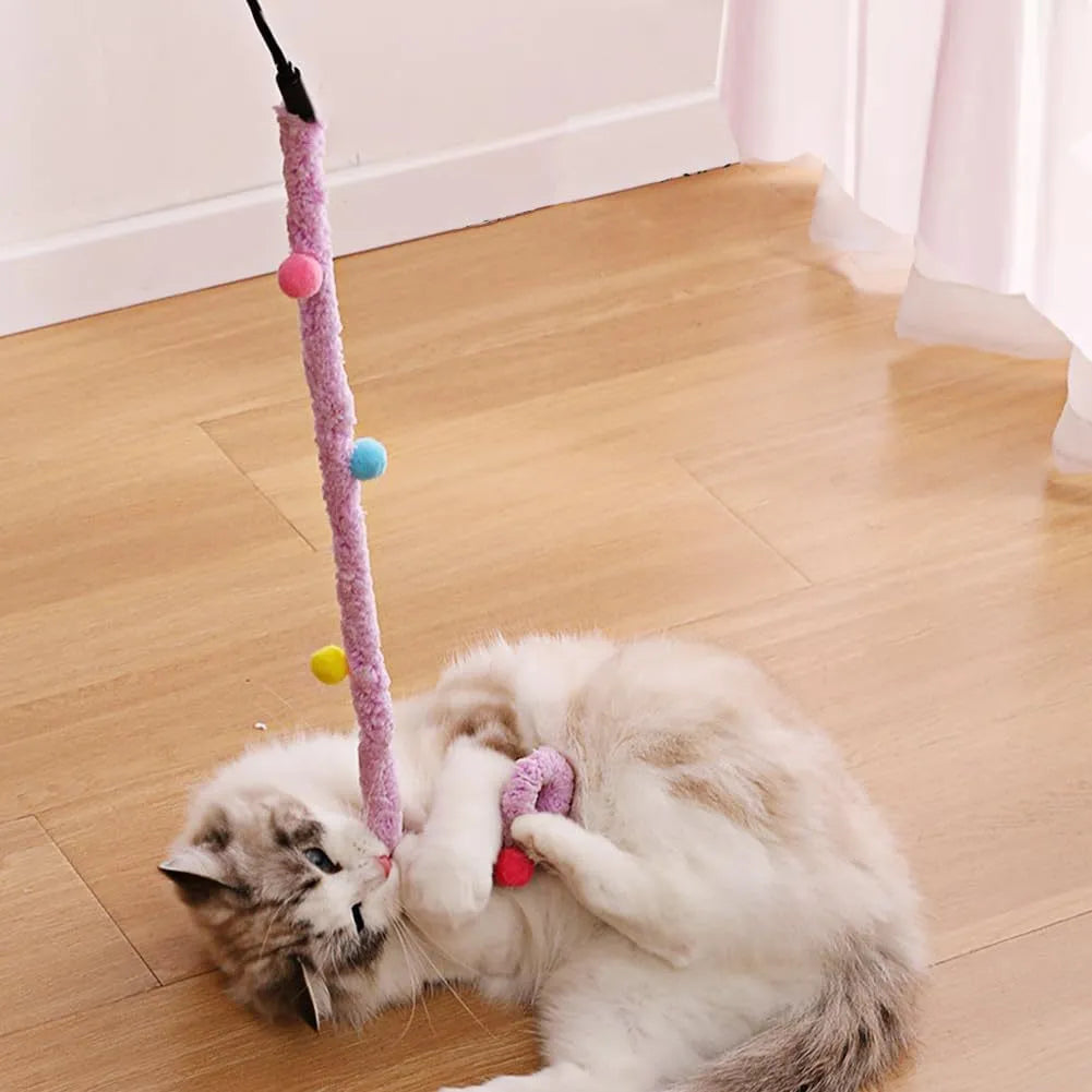 Blue cat wand toy with long plush strip and fluffy ball with bell attachment