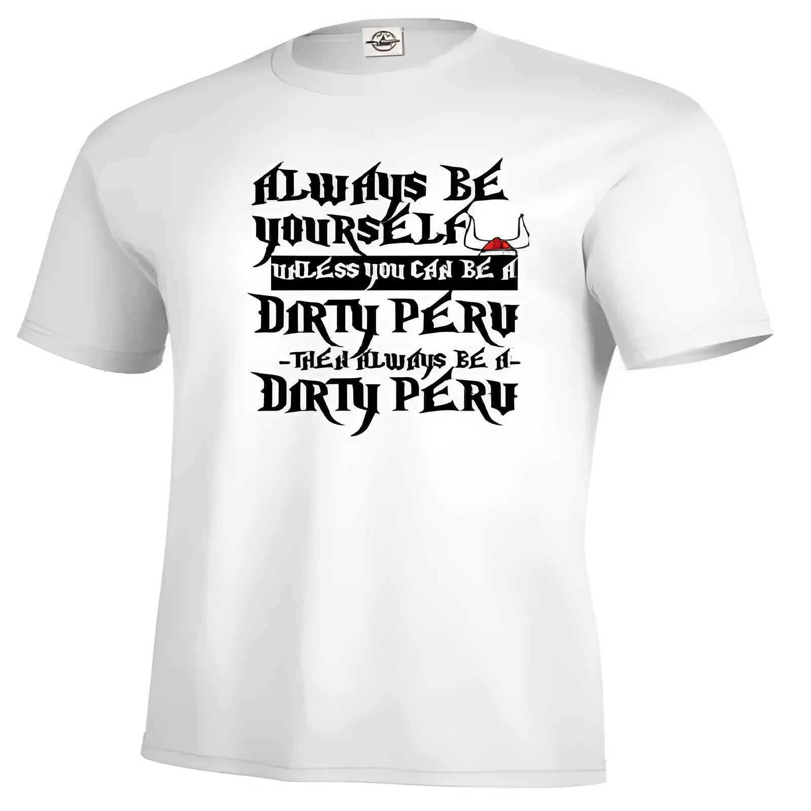 Men's white short sleeve t-shirt with printed design showing straight fit casual silhouette