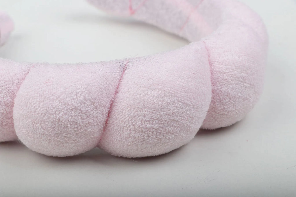Handmade cloth hair band in pink for shampoo and spa use, narrow width, soft fabric