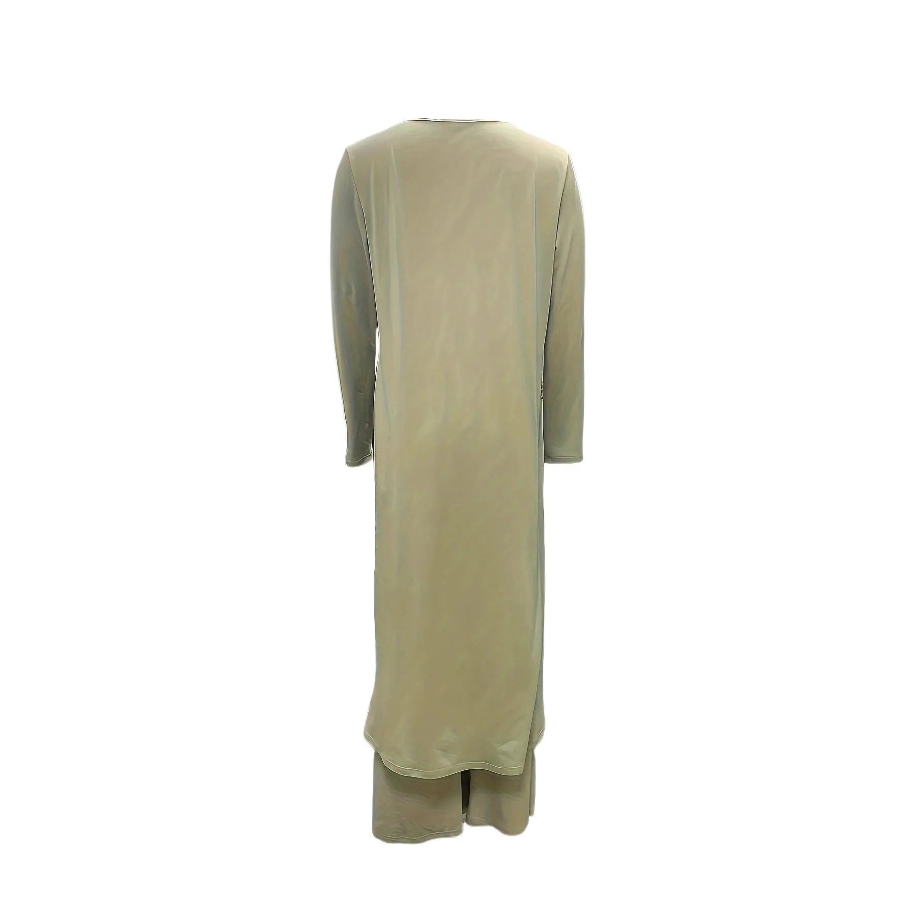 Casual long sleeve polyester two-piece lounge set in black, shown with loose round neck top and trousers.