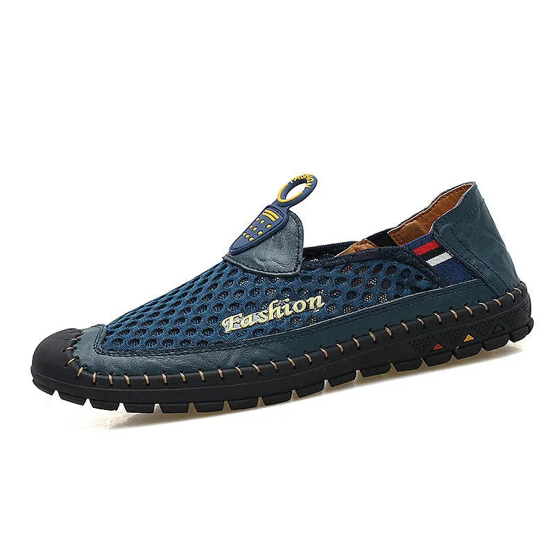Men's brown casual breathable mesh shoes with round toe and rubber sole