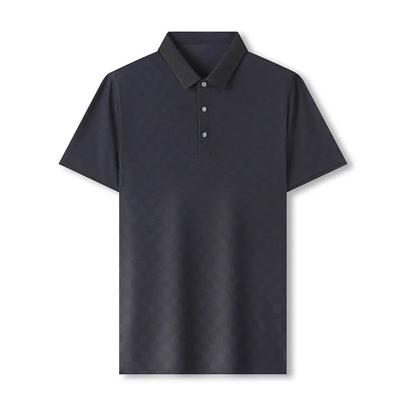 Man wearing a black rhombus patterned short sleeve t-shirt with a side slit detail.