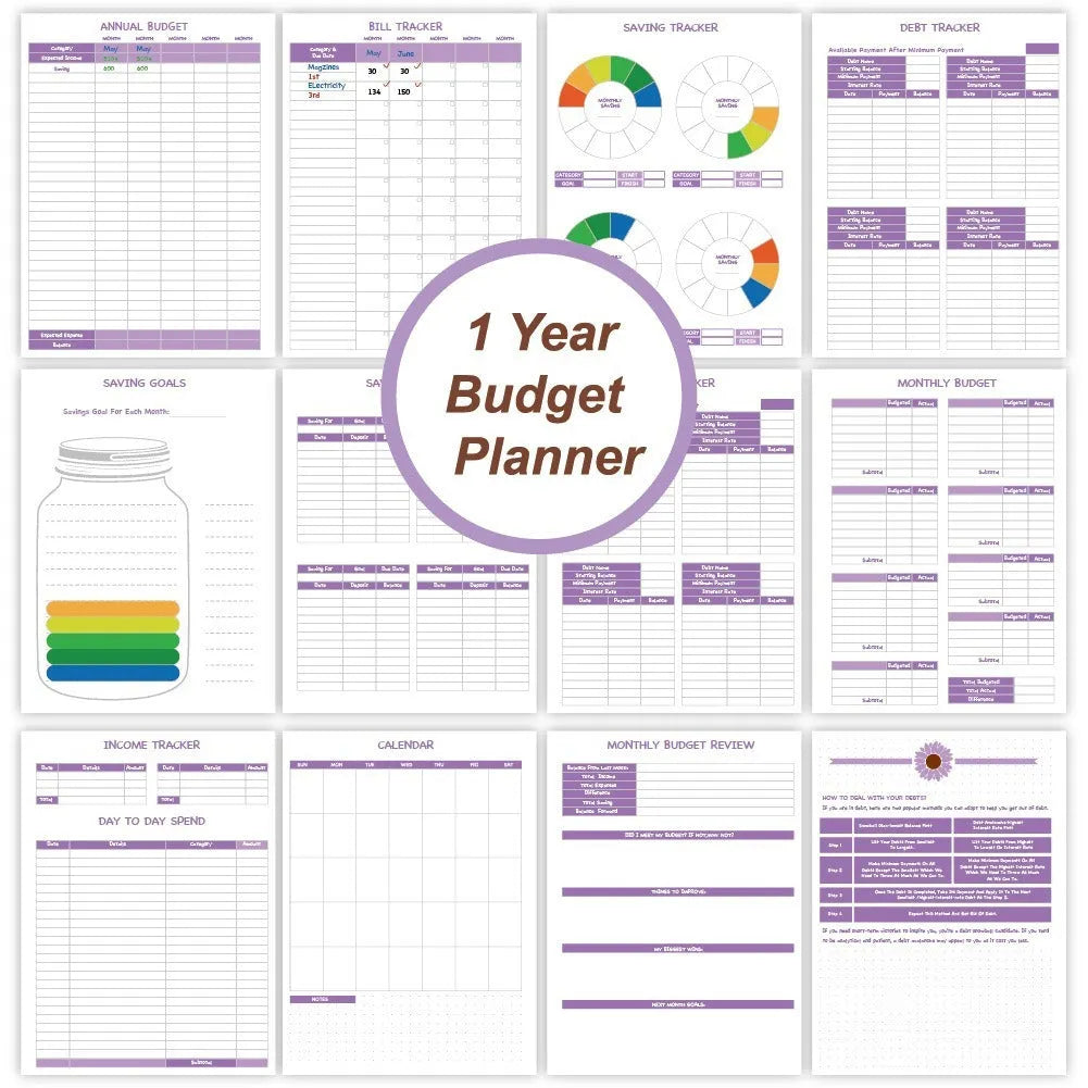 Purple coil-bound budget notebook with financial planning stickers and paper clips for monthly money management