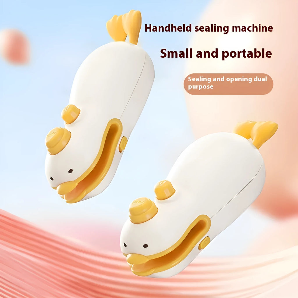 Yellow duck jacquard patterned rechargeable handheld bag sealing machine with USB charging cable.