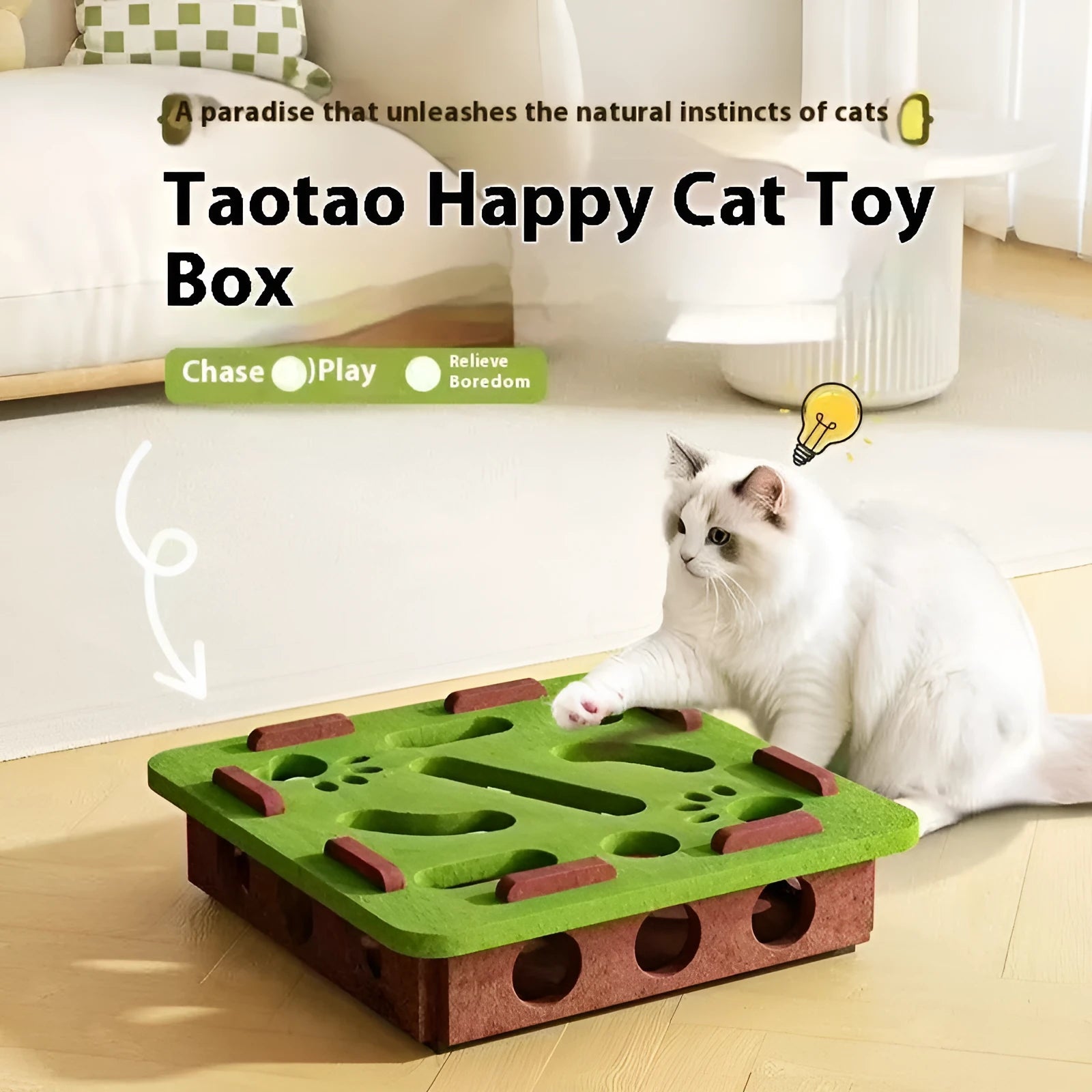 Square wool felt cat toy box with multiple cut-out holes in green brown colour