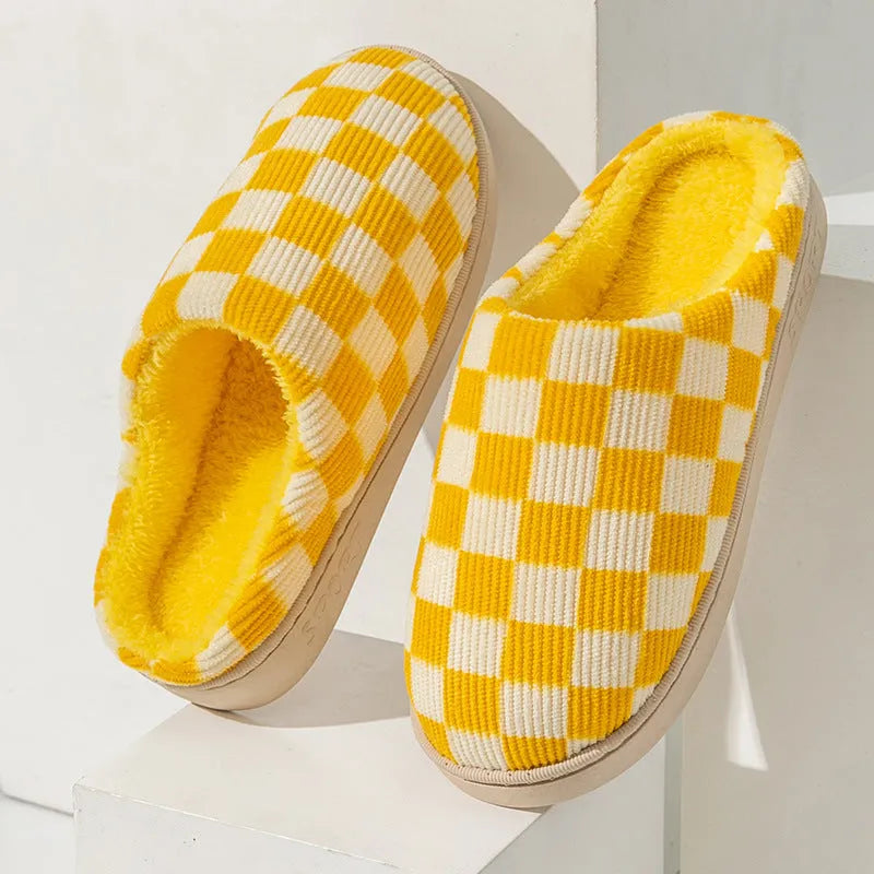 Gradient plush winter slippers for women with corduroy and arctic velvet upper, anti-skid PVC sole, round toe, flat heel, available in multiple colours