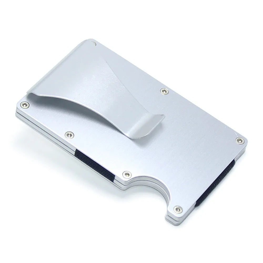 Geometric aluminium carbon fibre card holder with 8mm thickness showing black silver red colour options