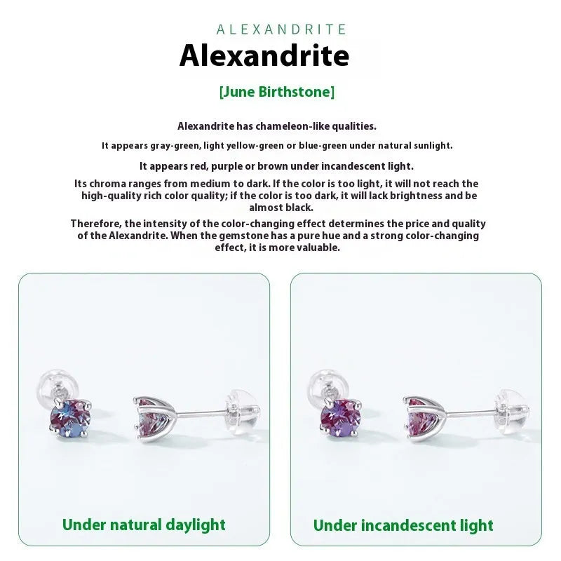 Silver geometric ear studs with round design in cultivate Alexandrite colour for women