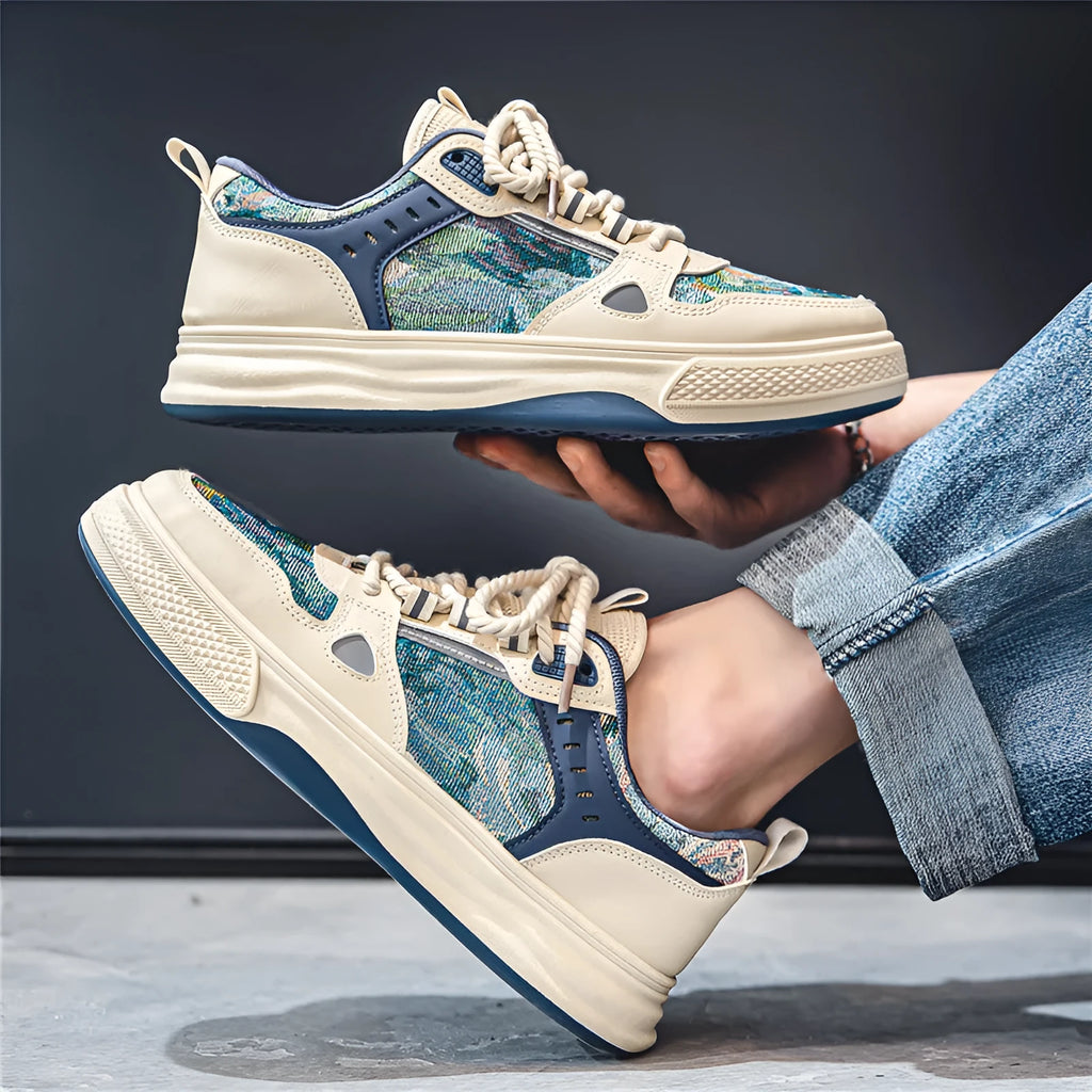 A pair of beige and Milan green canvas casual shoes with round toes and flat heels on a white background.