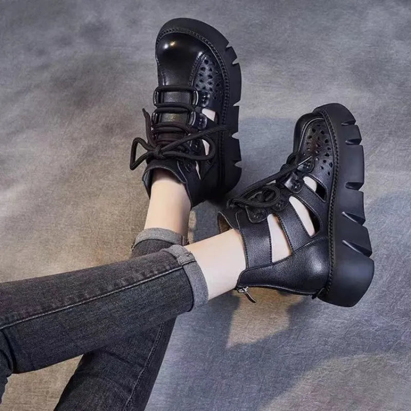 Women's black platform sandals with hollow hole design and fish mouth toe shape