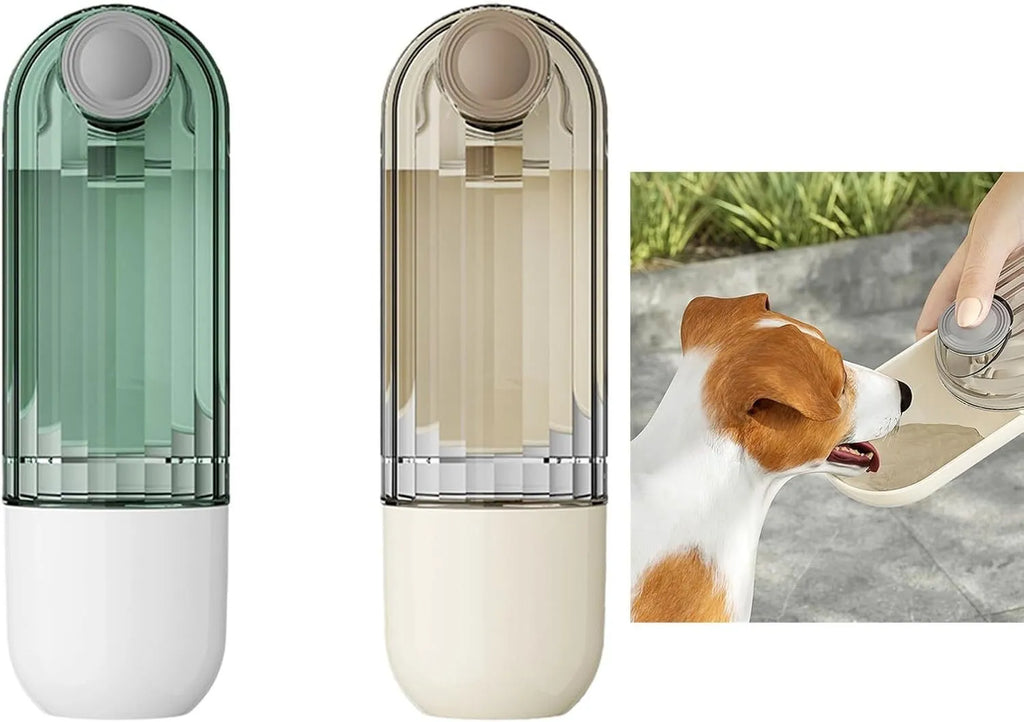 Foldable dog water bottle with food container for walking and hiking with pets