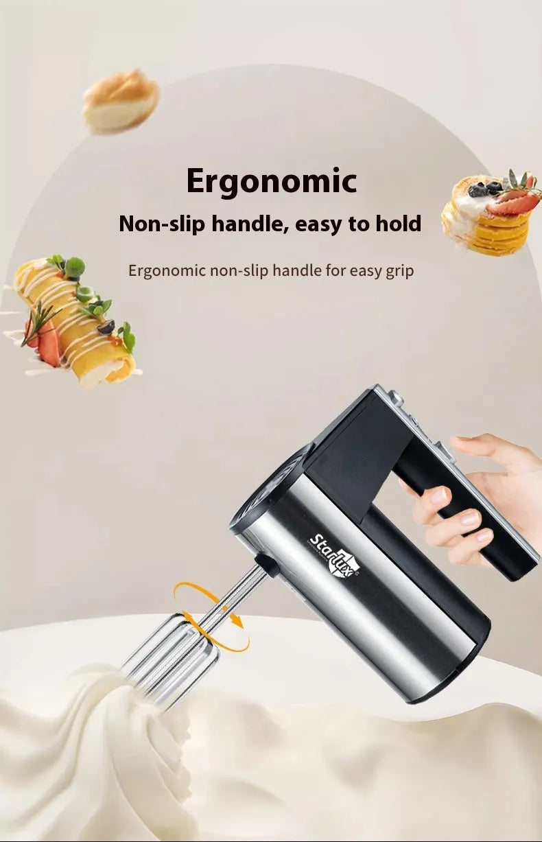 Hand-held electric whisk mixer with five speed settings for baking tasks