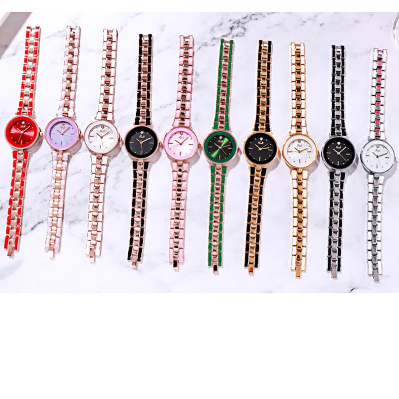 Ladies quartz watch with white round dial, steel strap, and rose gold sheen on a plain background