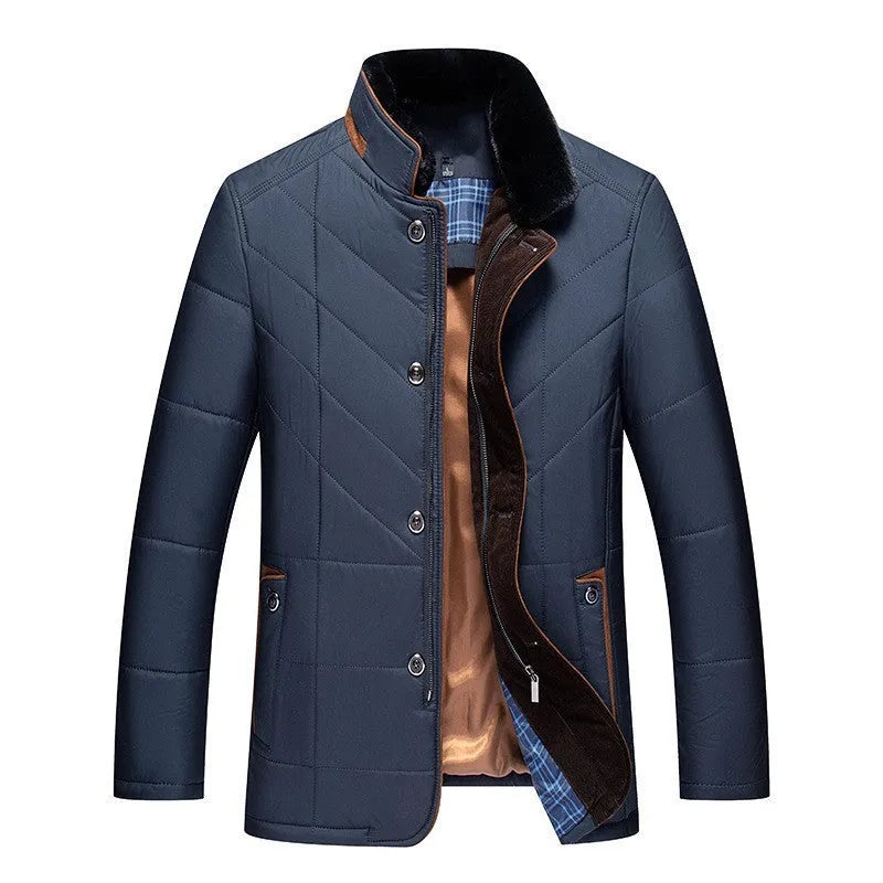 Men's solid-colour short winter coat with side pocket in dark blue, shown on a size chart.