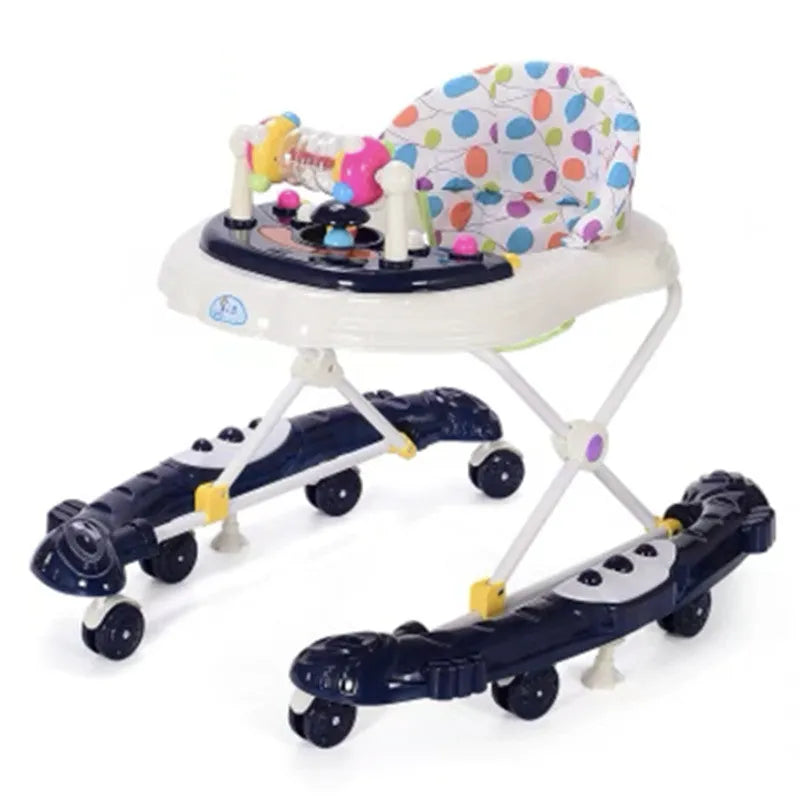 Blue plastic baby walker with anti-rollover base, music panel, and five height adjustment options for 6 to 12 months