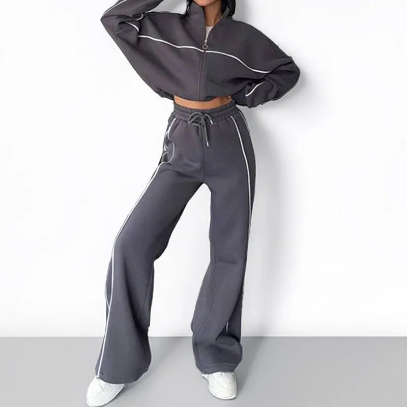 Women's two-piece casual suit with mock neck hoodie and striped trousers in apricot colour