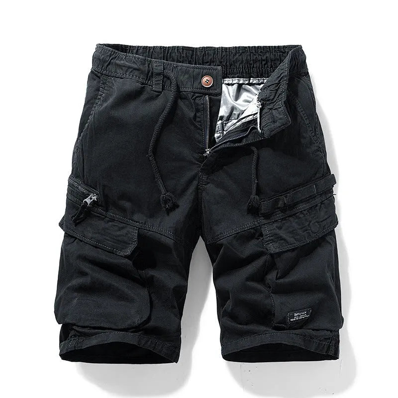Men's cotton shorts with zip fly and multiple pockets in army green colour